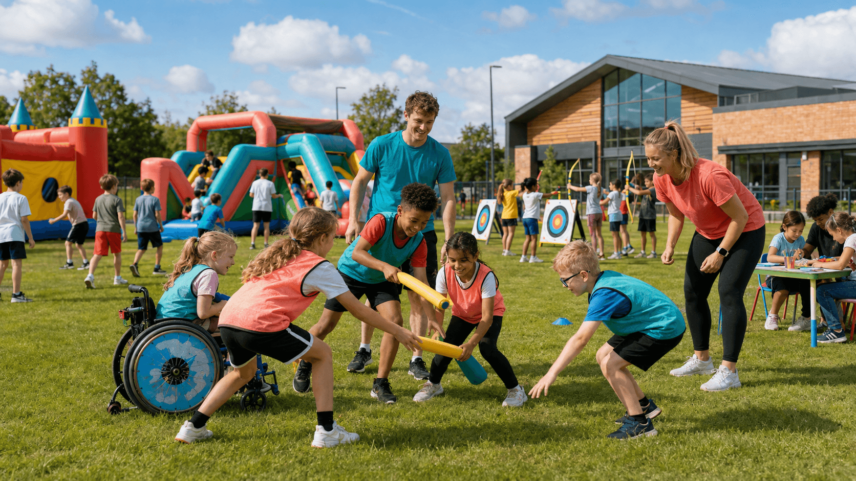 Children taking part in inclusive outdoor sports, creative activities and inflatable play