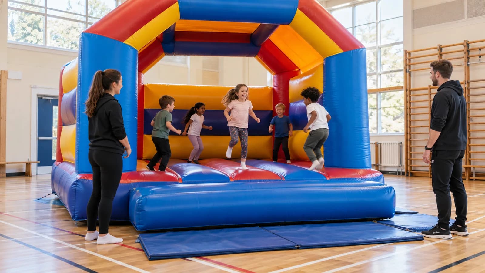 A supervised bouncy castle in a school sports hall